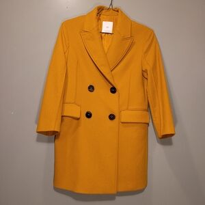 Mango MNG Wool Oversize Long Coat Button Front, Women's Size XXS, Mustard Yellow